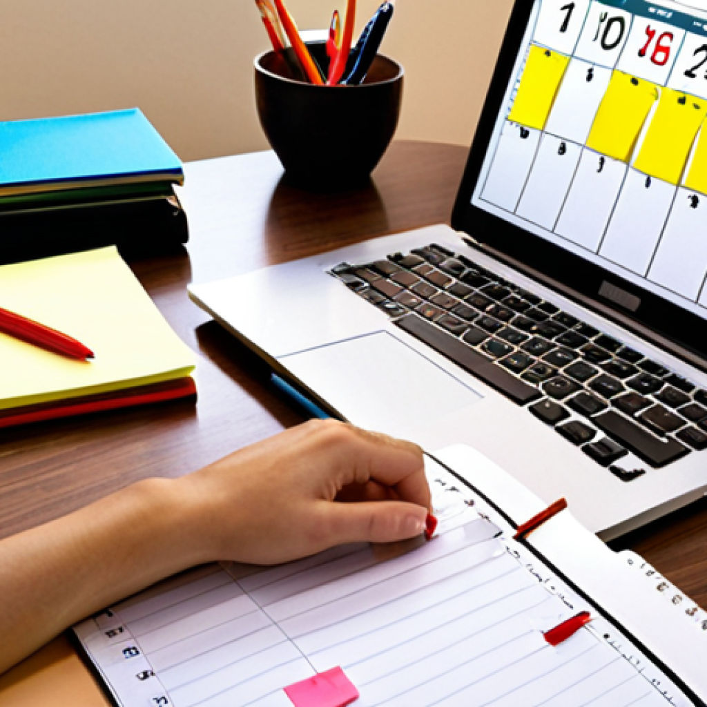 **Image Prompt: Study Prioritization**  
   A visual representation of a person creating a priority list for study tasks. The scene should include a desk with a notepad, a laptop, and sticky notes. The background can feature a calendar and a clock, emphasizing the importance of time management.