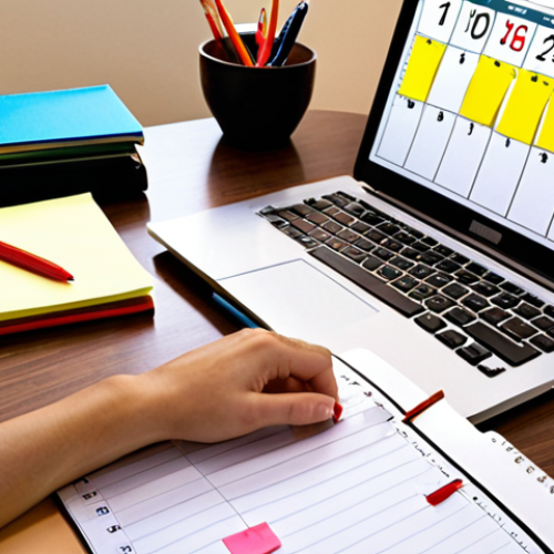 Home 25 **Image Prompt: Study Prioritization**
A visual representation of a person creating a priority list for study tasks. The scene should include a desk with a notepad, a laptop, and sticky notes. The background can feature a calendar and a clock, emphasizing the importance of time management.