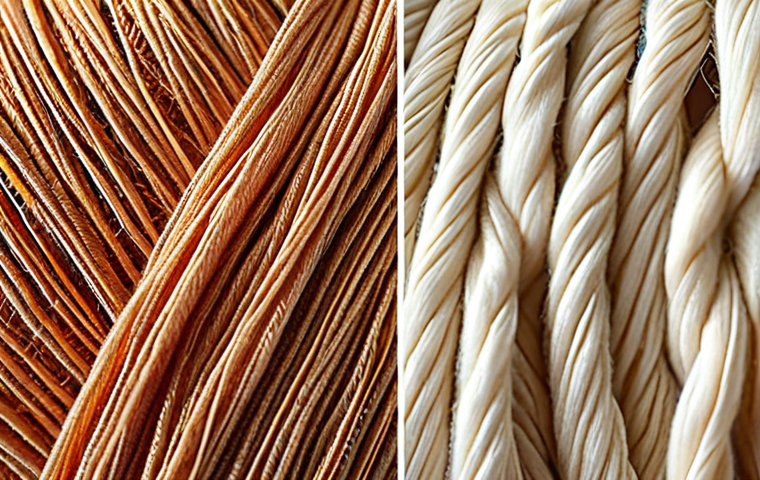 **"Close-up shot of various textile fibers (cotton, silk, polyester, nylon) side-by-side, showcasing their unique textures and properties. Emphasize differences in appearance and structure. Macro photography, natural lighting."** (Focuses on Fiber Identification)