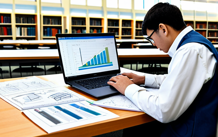 A focused adult textile engineering student, fully clothed in modest professional attire, diligently studying at a clean wooden desk in a modern university library. Books on advanced textile science, engineering schematics, and neat notes are spread out. A laptop displays complex diagrams of fiber structures. The student is immersed in deep concentration, illustrating dedication to learning. The environment is well-lit with natural light. safe for work, appropriate content, perfect anatomy, correct proportions, natural pose, well-formed hands, proper finger count, natural body proportions, professional photography, high quality, family-friendly.