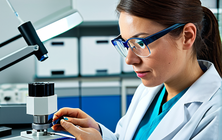 Textile Technician Examining Fabric**
A textile technician in a bright, modern laboratory setting, carefully examining a piece of woven fabric under magnification. She is wearing a lab coat and safety glasses. The fabric is colorful and intricate. Focus on detail and quality, showcasing the texture of the material. "Professional photography," "high resolution," "intricate detail," "safe for work," "appropriate content," "fully clothed," "professional."
**