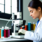 Modern Textile Lab**

"A bright, modern textile engineering lab in São Paulo, Brazil, featuring a young female engineer in a lab coat examining a fabric sample under a microscope. Various testing machines and colorful spools of yarn are visible in the background. Focus on the details of the fabric and the engineer's concentration. Include natural lighting. High quality, realistic, detailed, professional."

**