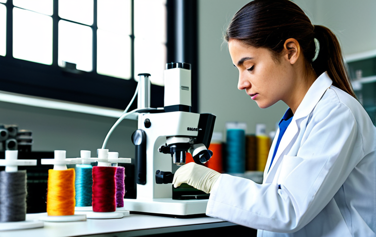 Modern Textile Lab**
"A bright, modern textile engineering lab in São Paulo, Brazil, featuring a young female engineer in a lab coat examining a fabric sample under a microscope. Various testing machines and colorful spools of yarn are visible in the background. Focus on the details of the fabric and the engineer's concentration. Include natural lighting. High quality, realistic, detailed, professional."
**