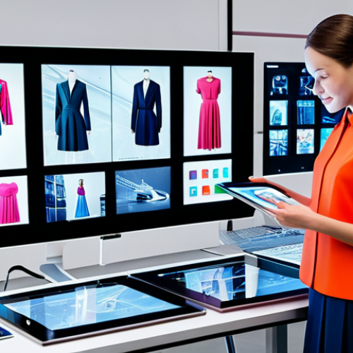 AI-Assisted Fashion Design Studio**

"A brightly lit fashion design studio. A female designer, fully clothed in professional attire, interacts with a large holographic display showing various garment designs generated by AI. The studio features mannequins dressed in innovative, colorful, and modest clothing designs. In the background, other designers collaborate using digital tablets. The overall scene is futuristic and optimistic. Safe for work, appropriate content, professional, perfect anatomy, well-formed hands, natural pose, high quality, fully clothed."

**