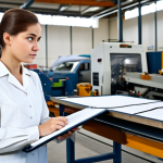 Textile Factory Problem Solver**

A young, smartly dressed engineer (fully clothed in appropriate professional attire) stands confidently amidst a textile factory floor with machinery in the background. She is holding a clipboard and pointing towards a section of fabric with a concerned expression, analyzing a defect. The scene should convey problem-solving and expertise. "Perfect anatomy," "correct proportions," "natural pose," "well-formed hands," "proper finger count," "natural body proportions." Safe for work, appropriate content, professional, modest, family-friendly, high quality.

**