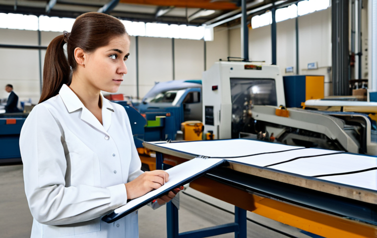 Textile Factory Problem Solver**

A young, smartly dressed engineer (fully clothed in appropriate professional attire) stands confidently amidst a textile factory floor with machinery in the background. She is holding a clipboard and pointing towards a section of fabric with a concerned expression, analyzing a defect. The scene should convey problem-solving and expertise. "Perfect anatomy," "correct proportions," "natural pose," "well-formed hands," "proper finger count," "natural body proportions." Safe for work, appropriate content, professional, modest, family-friendly, high quality.

**