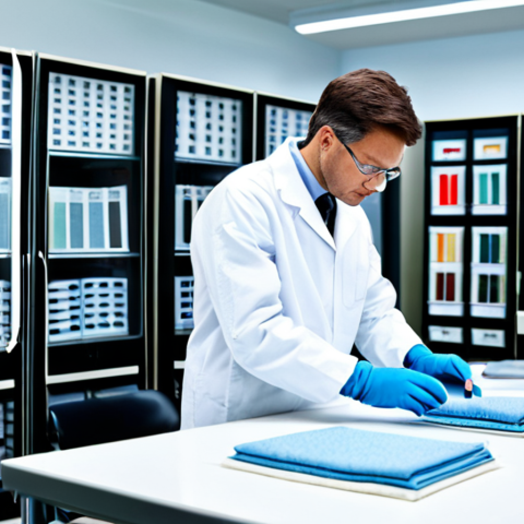 A textile engineer in a fully clothed, professional laboratory setting, examining fabric samples with specialized equipment. Brightly lit, safe for work, perfect anatomy, appropriate content, modest attire, natural proportions, high resolution.