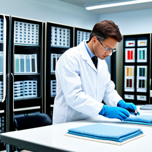 A textile engineer in a fully clothed, professional laboratory setting, examining fabric samples with specialized equipment. Brightly lit, safe for work, perfect anatomy, appropriate content, modest attire, natural proportions, high resolution.