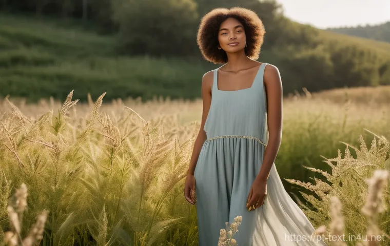 섬유기사 필기시험의 핵심 개념 - Prompt 1: Serene Sustainable Fashion in a Natural Landscape**