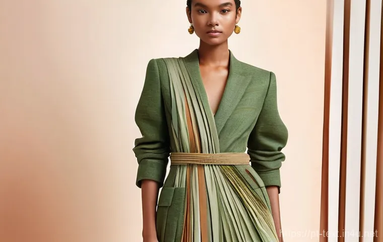 섬유기사 필기 과목 핵심 요약 - **Prompt 1: Sustainable Elegance - Nature's Textile Transformation**
    "A sophisticated fashion mo...