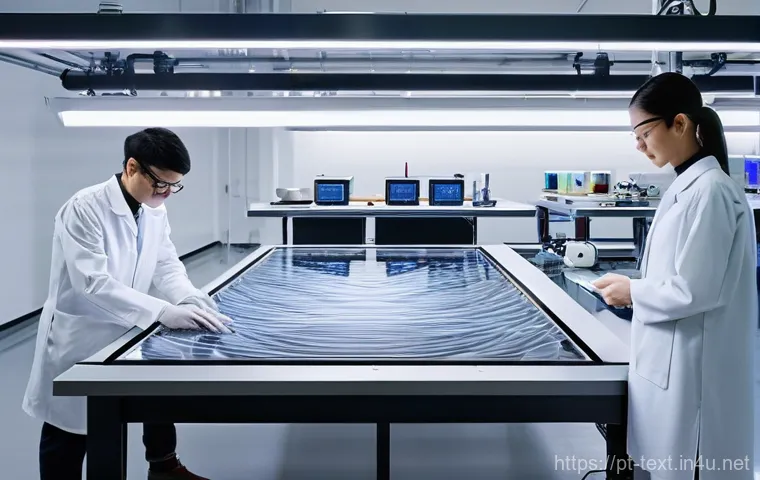 섬유기사 필기시험의 준비 방법 - **Prompt 1: "Future Textile Innovation Lab"**
    A bright, clean, and futuristic textile engineerin...