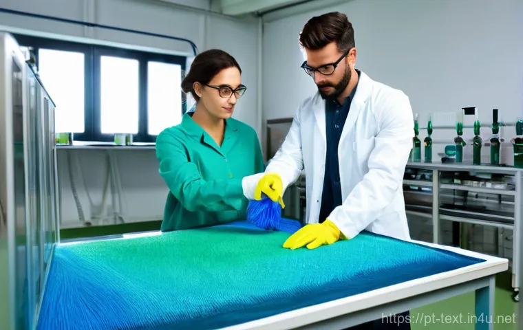 섬유기사 실기시험 대비 방법 - **Prompt:** A skilled textile technician, a man in his 40s with rolled-up sleeves and a practical wo...