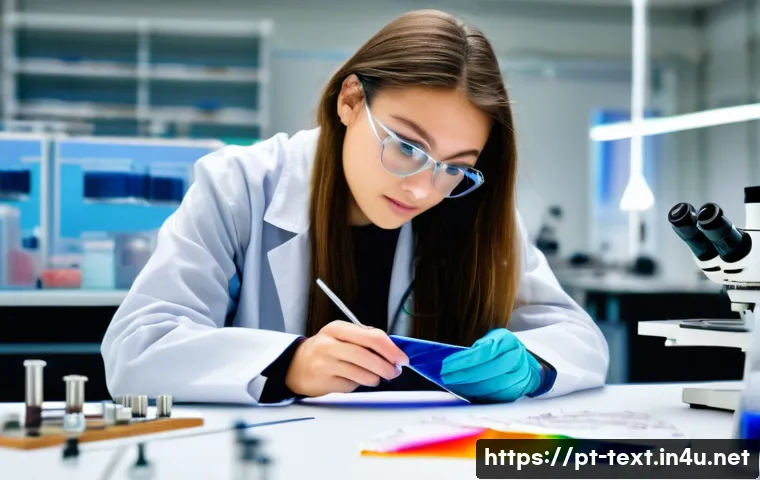 섬유기사 자격증 취득 후기 - **Prompt: "A young, bright female textile engineering student in a modern, well-lit university labor...