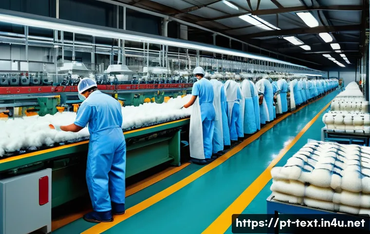 섬유기사 필기시험의 준비 단계 - A detailed and realistic illustration of a textile factory workspace focused on fiber preparation pr...