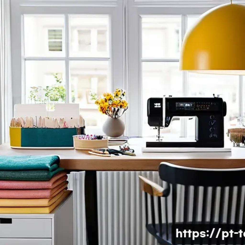 섬유기사 실기시험의 준비 사례 - A well-organized textile workspace featuring a clean, spacious desk dedicated exclusively to sewing ...