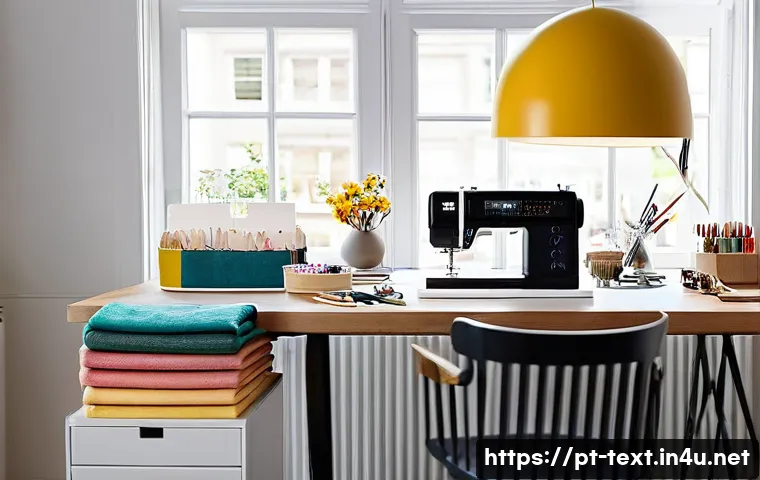 섬유기사 실기시험의 준비 사례 - A well-organized textile workspace featuring a clean, spacious desk dedicated exclusively to sewing ...