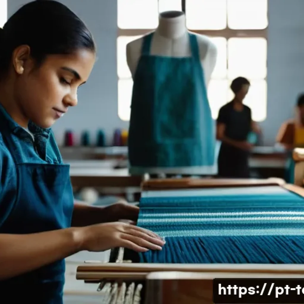 섬유기사 실기시험의 준비 방법 - A detailed scene inside a modern textile workshop in Brazil, showing a young adult practicing on a t...