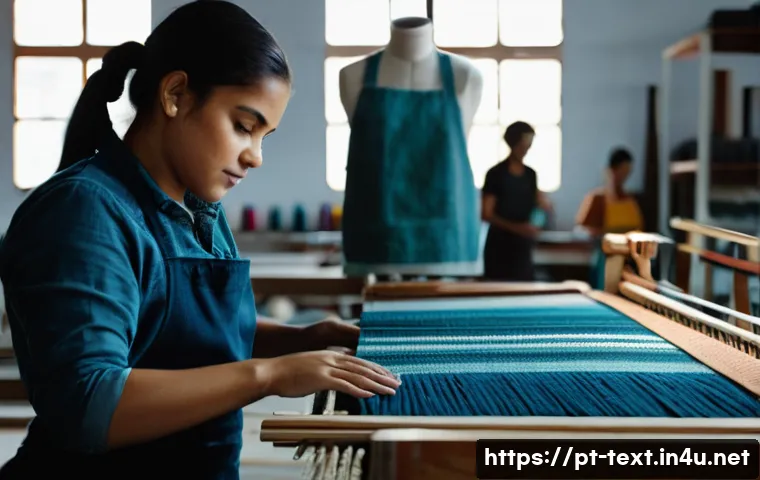 섬유기사 실기시험의 준비 방법 - A detailed scene inside a modern textile workshop in Brazil, showing a young adult practicing on a t...