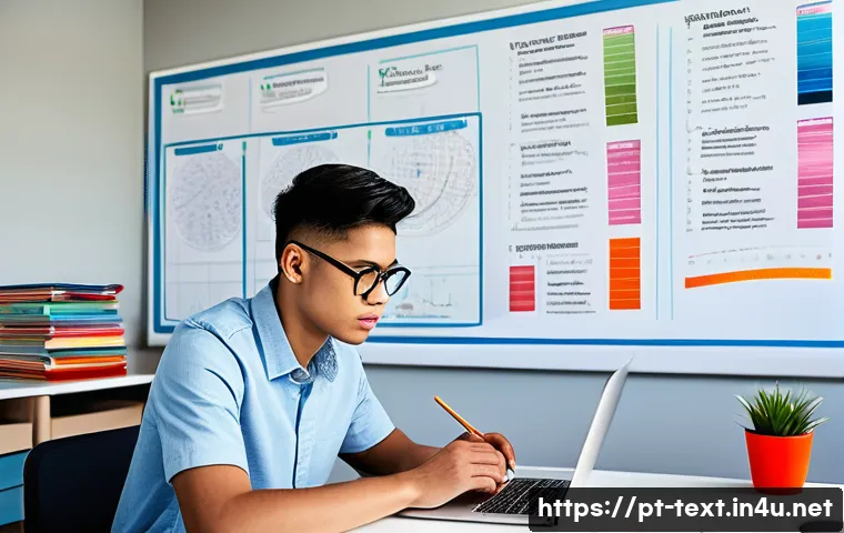 섬유기사 자격증 취득을 위한 시간 관리 - A focused young adult student studying at a modern home office desk, with neatly organized textile s...