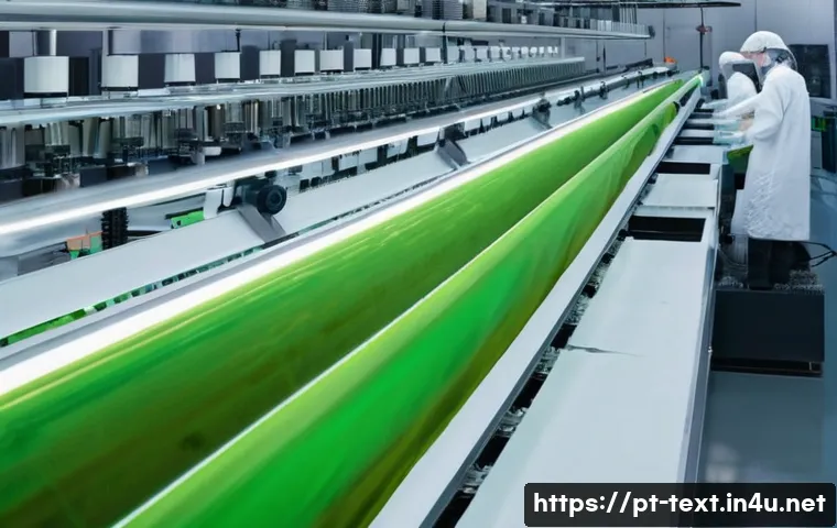 섬유기사와 섬유 소재 혁신 - A modern textile factory interior showcasing advanced sustainable manufacturing processes: automated...