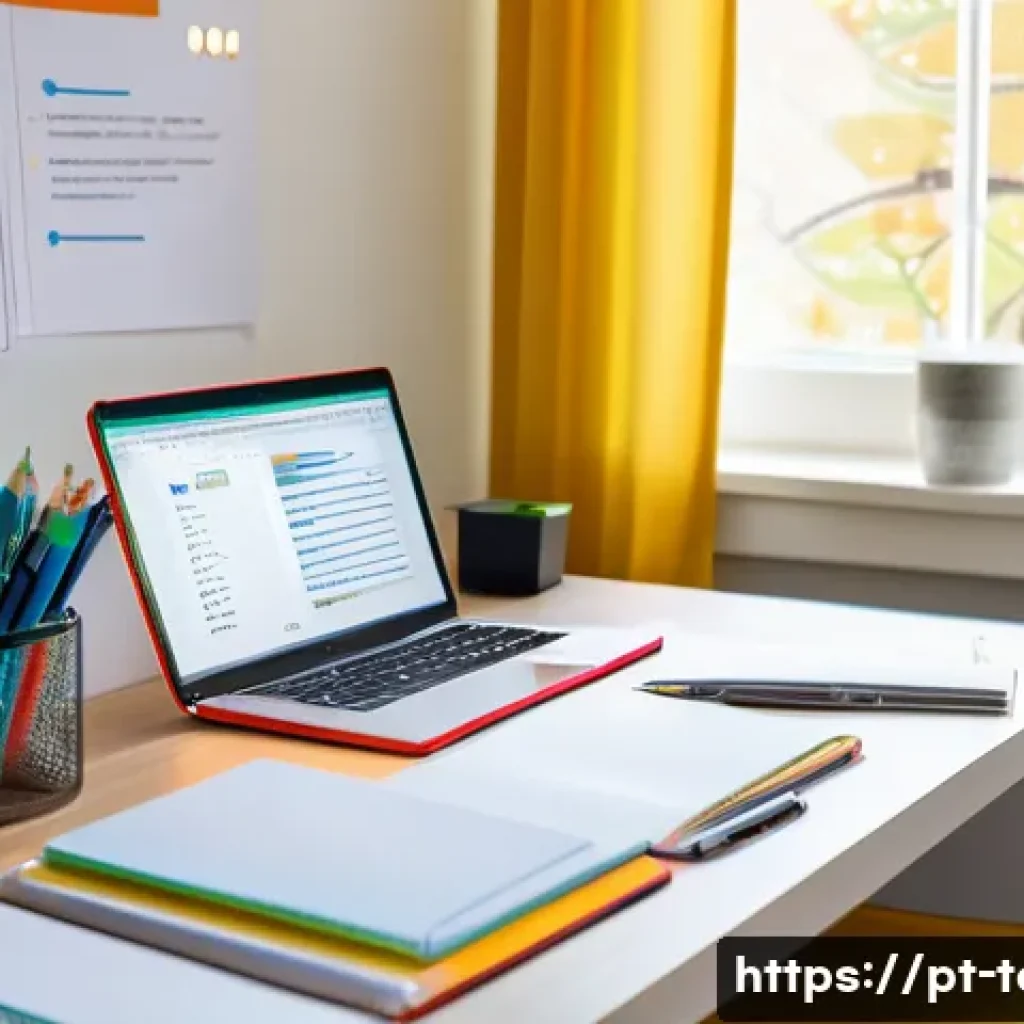 섬유기사 필기 시험 자료 정리법 - A modern study desk setup in a bright, cozy room with natural light streaming through a window. On t...