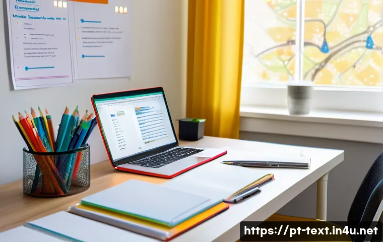 섬유기사 필기 시험 자료 정리법 - A modern study desk setup in a bright, cozy room with natural light streaming through a window. On t...