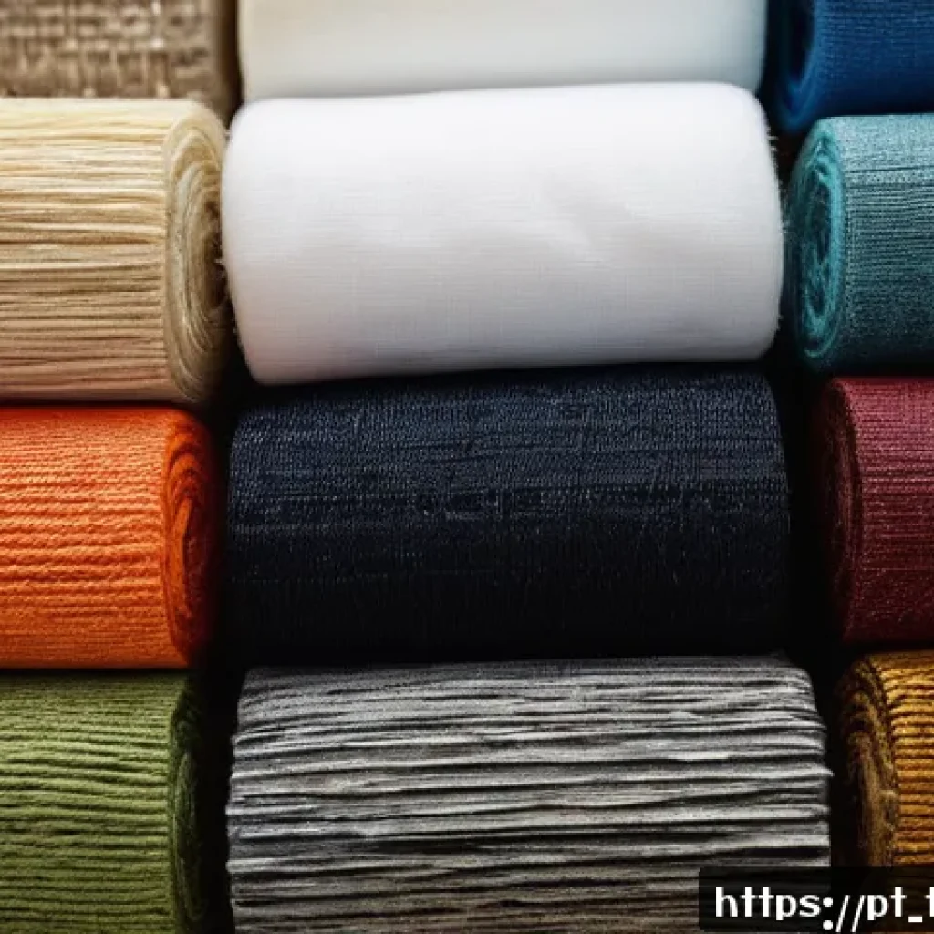 섬유기사 실무 연습 과제 - A close-up image of diverse textile fibers and fabrics arranged on a wooden table, showing cotton, p...