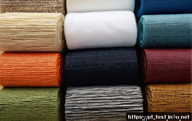 섬유기사 실무 연습 과제 - A close-up image of diverse textile fibers and fabrics arranged on a wooden table, showing cotton, p...