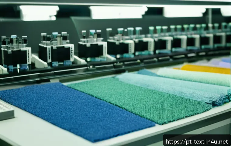 섬유기사와 실기시험 준비 사례 - A detailed close-up image of a textile technician’s workspace featuring various fiber samples includ...