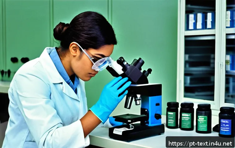 섬유기사 실기시험 대비 전략 - A detailed, realistic textile laboratory scene showing a young technician wearing safety goggles and...