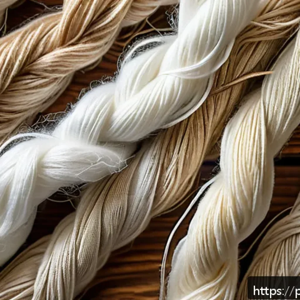 섬유기사 필기시험의 핵심 요약 - A highly detailed close-up image of various textile fibers arranged side by side on a natural wooden...