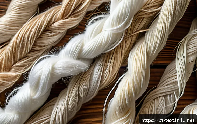 섬유기사 필기시험의 핵심 요약 - A highly detailed close-up image of various textile fibers arranged side by side on a natural wooden...