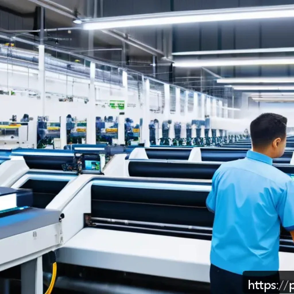 섬유기사와 공정 혁신 사례 - A modern textile factory interior with advanced automated weaving machines equipped with AI sensors,...