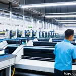 섬유기사와 공정 혁신 사례 - A modern textile factory interior with advanced automated weaving machines equipped with AI sensors,...