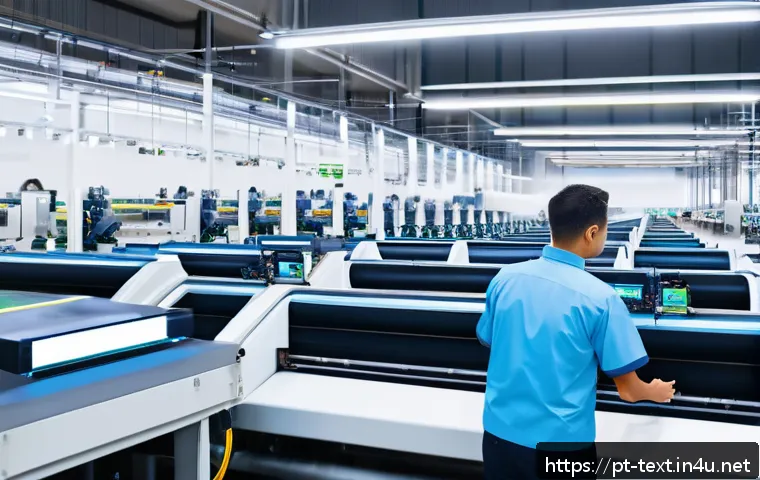 섬유기사와 공정 혁신 사례 - A modern textile factory interior with advanced automated weaving machines equipped with AI sensors,...