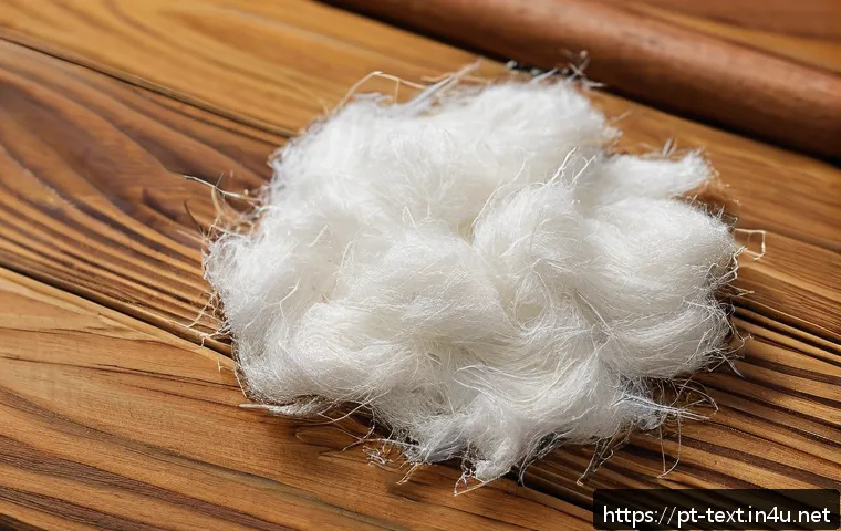 섬유기사 시험 출제 유형 분석 - A detailed close-up image of various textile fibers laid out on a wooden table, showing natural fibe...