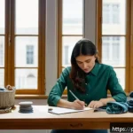 섬유기사 실기 시험 준비 시간 관리 - A focused young adult woman in casual workwear, sitting at a tidy desk with textile samples, a stopw...