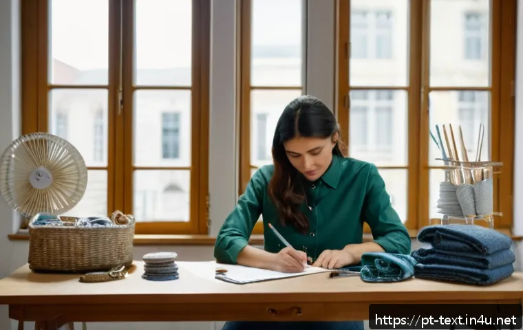 섬유기사 실기 시험 준비 시간 관리 - A focused young adult woman in casual workwear, sitting at a tidy desk with textile samples, a stopw...