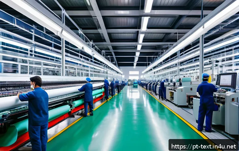 섬유기사와 시험 준비의 중요성 - A modern textile factory interior showcasing advanced computerized weaving machines in operation, wi...