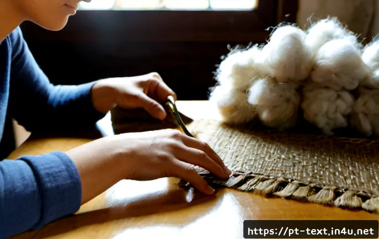 Home 17 섬유기사와 천연섬유 특성 - Photorealistic textile expert in a bright Portuguese workshop, carefully examining natural fiber sam...