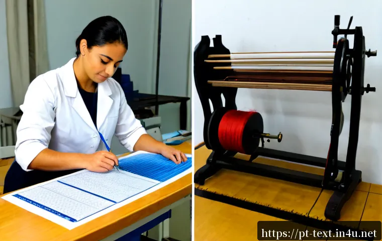섬유기사 필기시험과 실기시험의 차이점 - Photorealistic split-scene comparison of a Portuguese textile technician certification candidate: le...