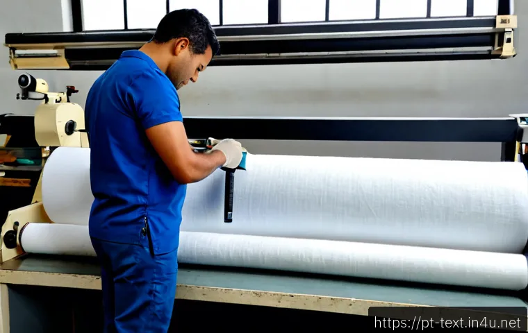 섬유기사 자격증 실무 활용법 - Photorealistic textile quality technician in a modern Portuguese fabric mill, carefully inspecting a...