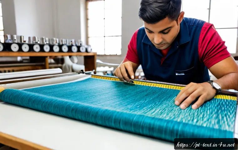 섬유기사와 필기시험의 기초 개념 - Photorealistic textile technician in a bright Portuguese textile workshop, carefully examining color...