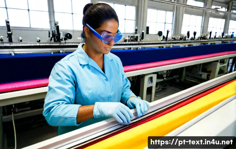 섬유기사 자격증으로 취업 사례 - Photorealistic textile technician employment scene in a modern Portuguese textile factory, confident...