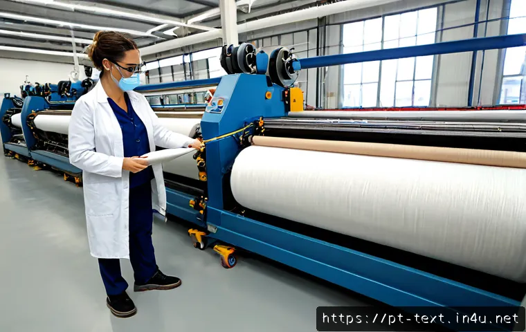Home 31 섬유기사와 산업 직무 연관성 - Photorealistic textile engineer in a modern Portuguese fabric manufacturing facility, wearing safety...
