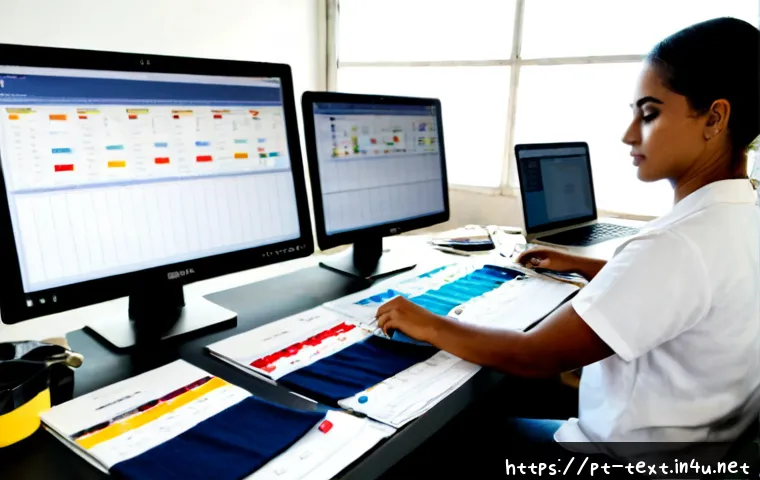 Home 30 섬유기사 실무 보고서 작성법 - Photorealistic Brazilian textile engineer at a clean factory desk, carefully organizing swatches of ...