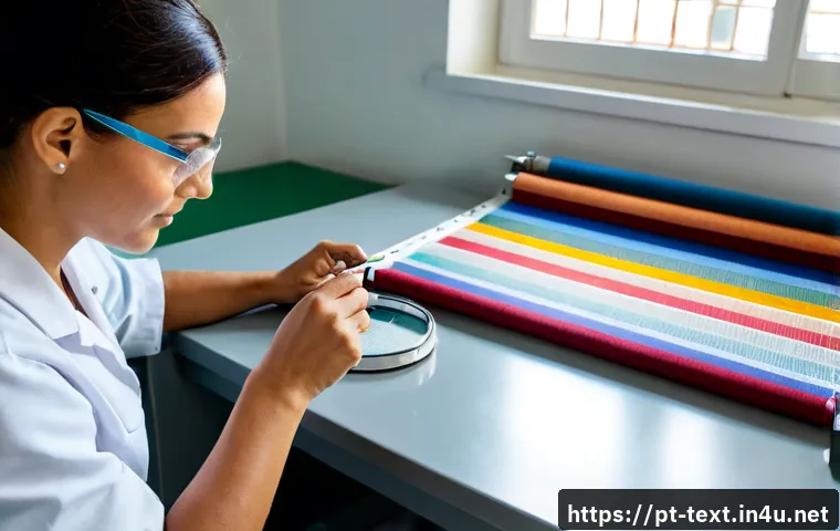 Home 17 섬유기사 자격증의 중요성 - Photorealistic textile quality-control laboratory in Portugal, confident adult textile technician we...