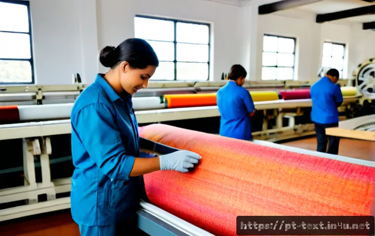 섬유기사 자격증의 효용성과 가치 - Photorealistic textile quality inspector in a bright modern Portuguese textile mill, carefully exami...